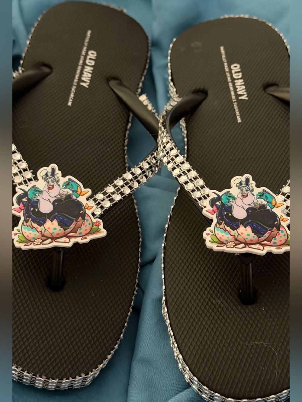 Black Rhinestone Strap Flip-Flop Sandals with Colorful Character Charm